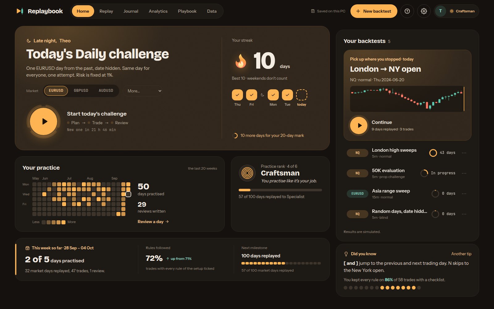 Replaybook's Home screen in the Studio look: warm dark cards with amber highlights, today's Daily challenge with its round start button, a calendar of practice days, the practice rank and the list of backtests.